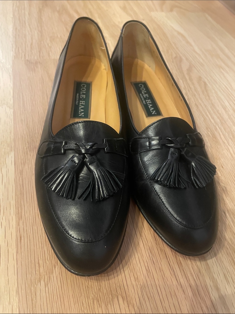 Cole Haan Black Leather Tassel Slip-On Loafers
